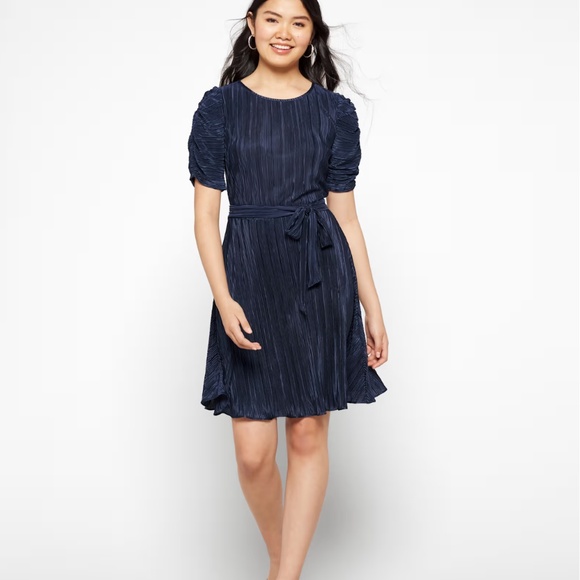 DKNY Pleated Tie-Waist Dress Navy Size 2 - Picture 1 of 6